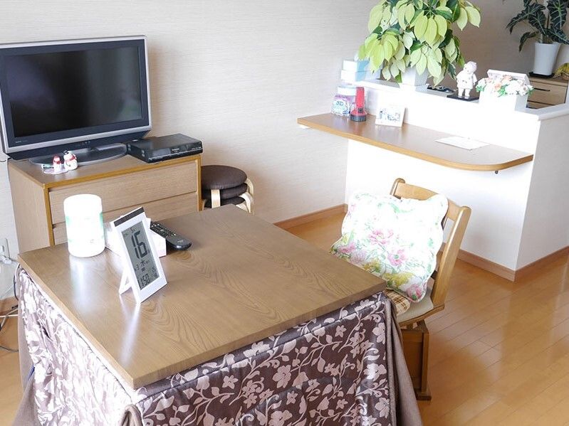 キッチンにはカウンター席もあり、観葉植物や小物が飾られ、大きなテレビやこたつ風のダイニングテーブルが置かれている。