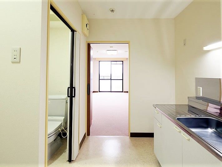 右側にはキッチン、左側にはトイレがあり、トイレはアコーディオンカーテンで開け閉めをするようになっている。