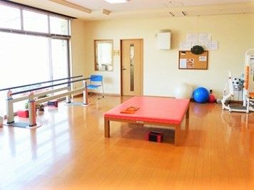 マットレスやバランスボール、リハビリ機器、平行棒などが置かれたスペース。