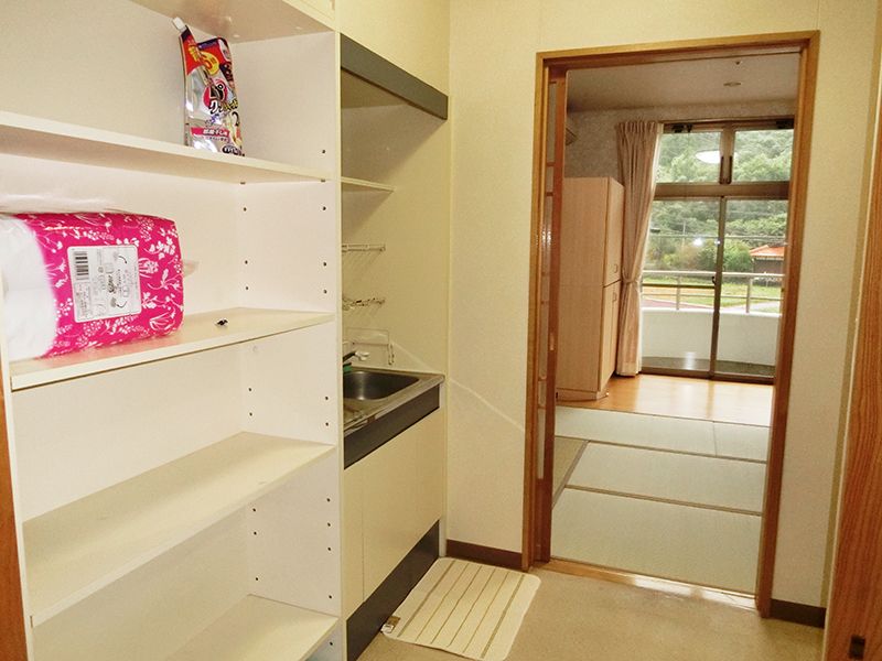 オープンタイプの収納棚とキッチンが手前にあり、畳敷きの部屋が奥にある。
