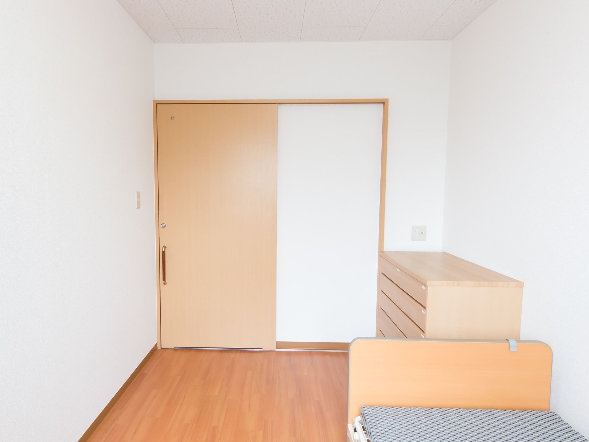明るみのある木材を使用した、シンプルな扉が居室に設置されている。出入口付近には、収納力のあるチェストがある。