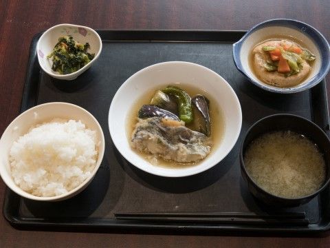 「京都京北山国ふるさと園」お食事。栄養満点のお食事です。旬の食材を用いています。