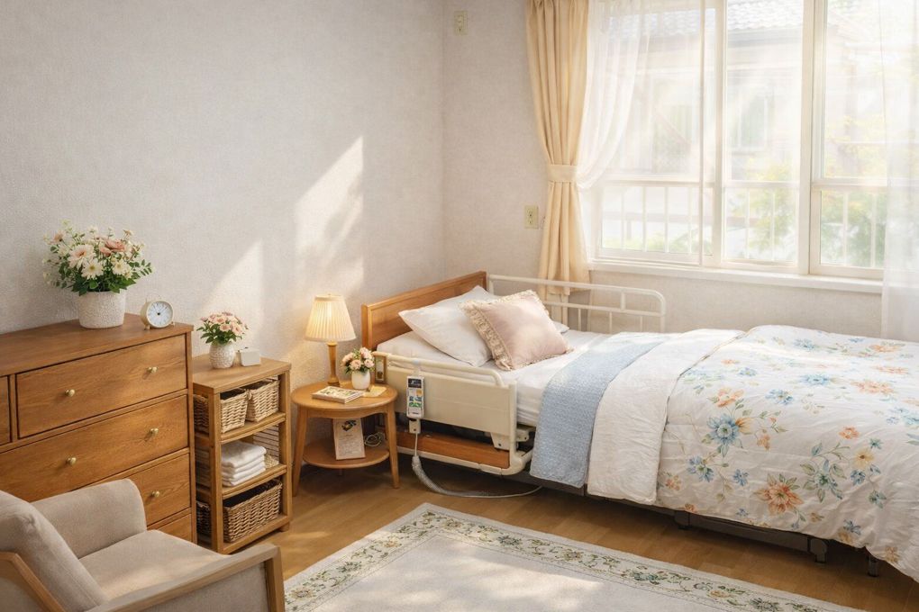 大きな窓にはレースカーテンとカーテンが付き、フローリングの部屋にはベッドやエアコン、家具が設置されている。