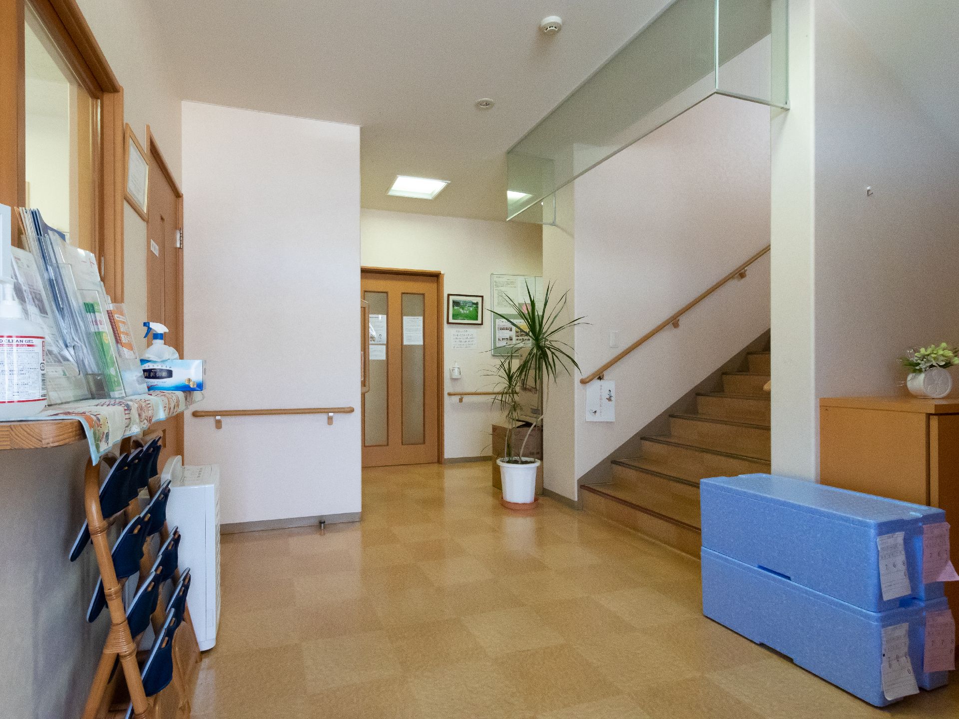 バリアフリー完備で、段差が取り払われ、手すりが取り付けられている廊下