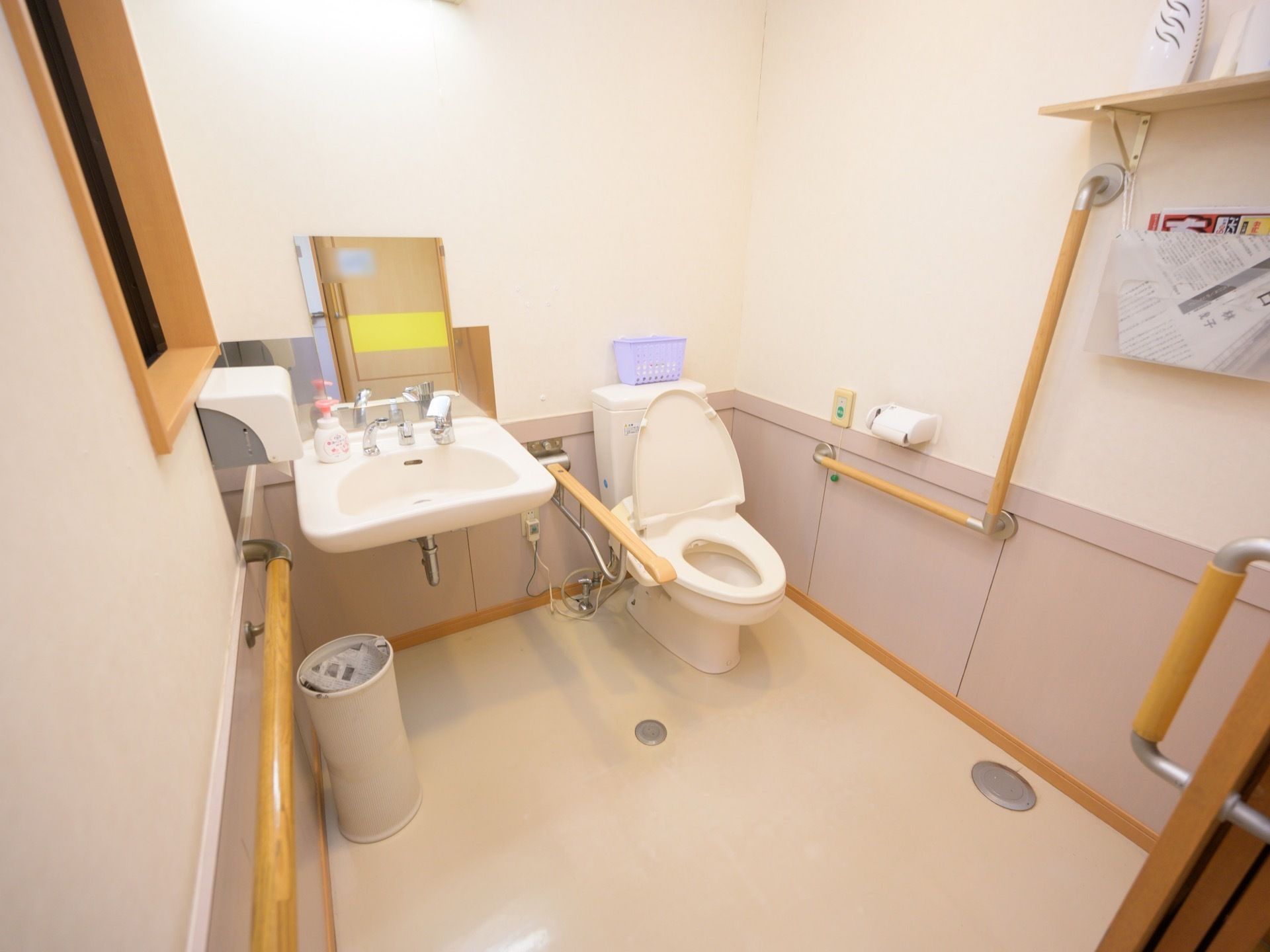 便座の両サイドに手すりがある。横に備え付けられている洗面台には、ハンドソープがある。