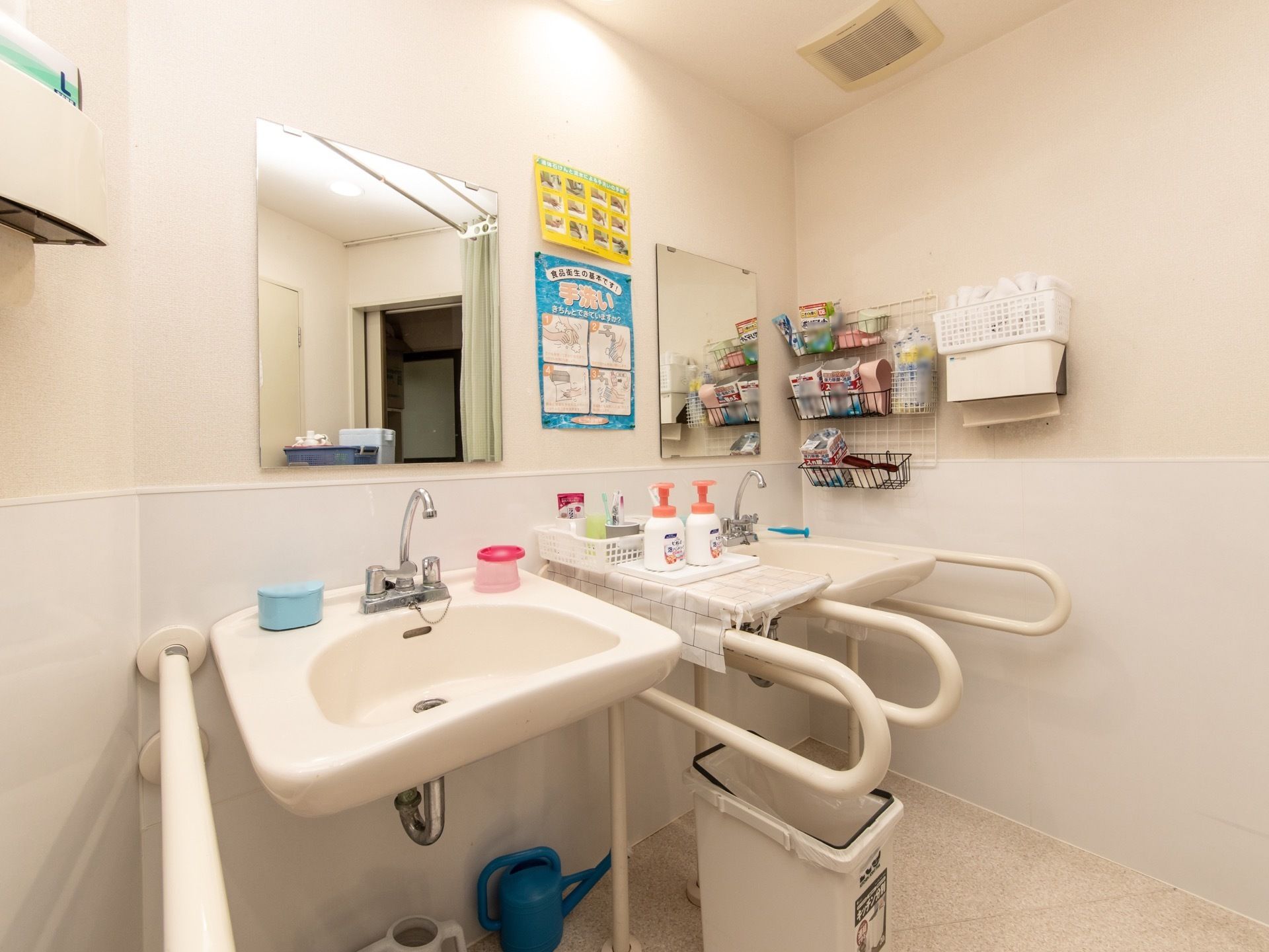 洗面台が２つ並んで設置されており、両サイドには手すりが取りつけられている。横の壁には収納スペースが確保されている。