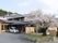 二階建ての一軒家風の建物が写っている写真。建物の前に駐車場と桜の木がある様子