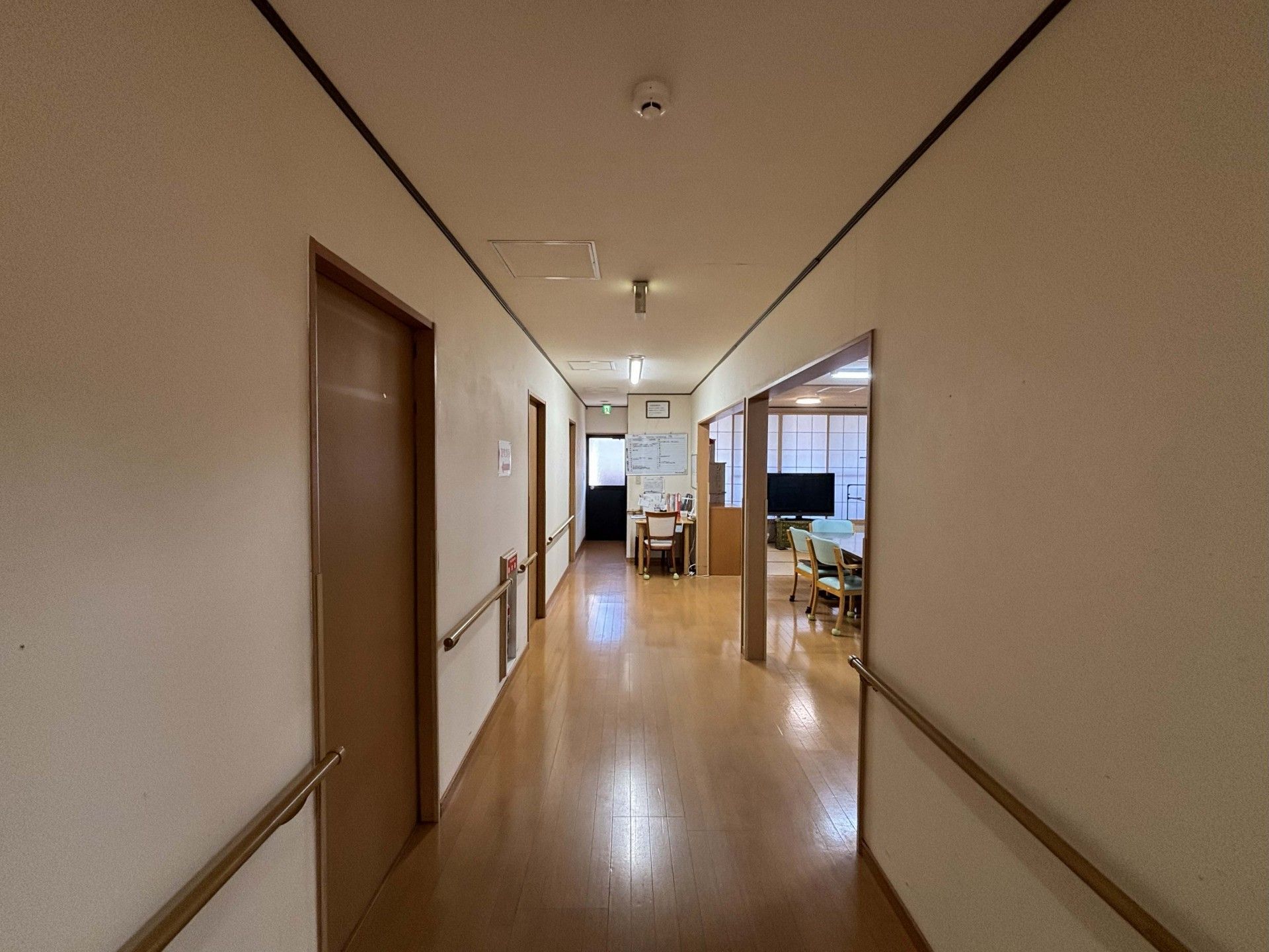 明るい廊下と共有スペース