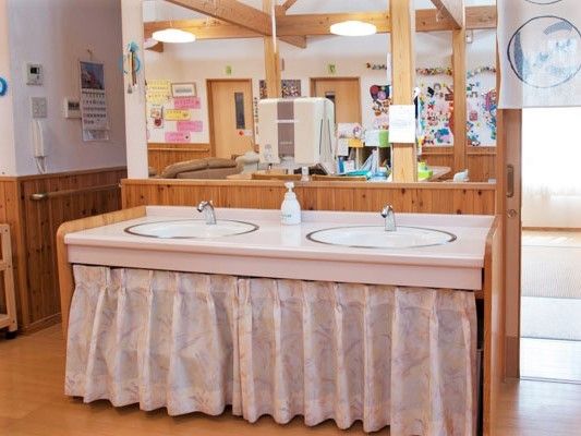 足元の部分にカーテンが付いた洗面所が二つ並び、大きな鏡が付いている