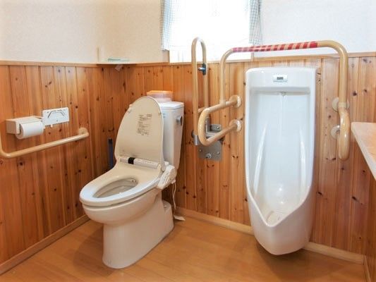 男性用小便器と洋式のトイレが並んで設置されており、トイレ周辺には可動式・固定の手すりがついている。