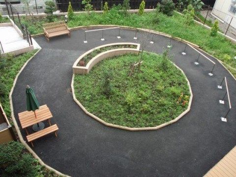 ドーナツ形に舗装路があり、中央と周囲に植栽がある中庭