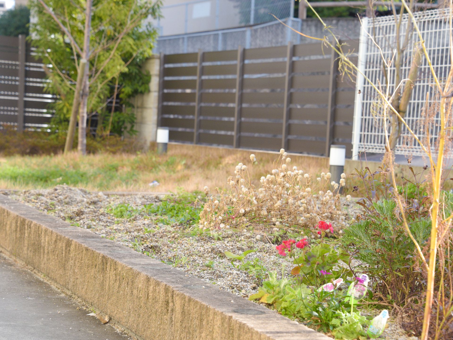 敷地内にある花壇。花壇の中にライトが設置されている。目隠しの付いたフェンスが外と敷地を区切っている。