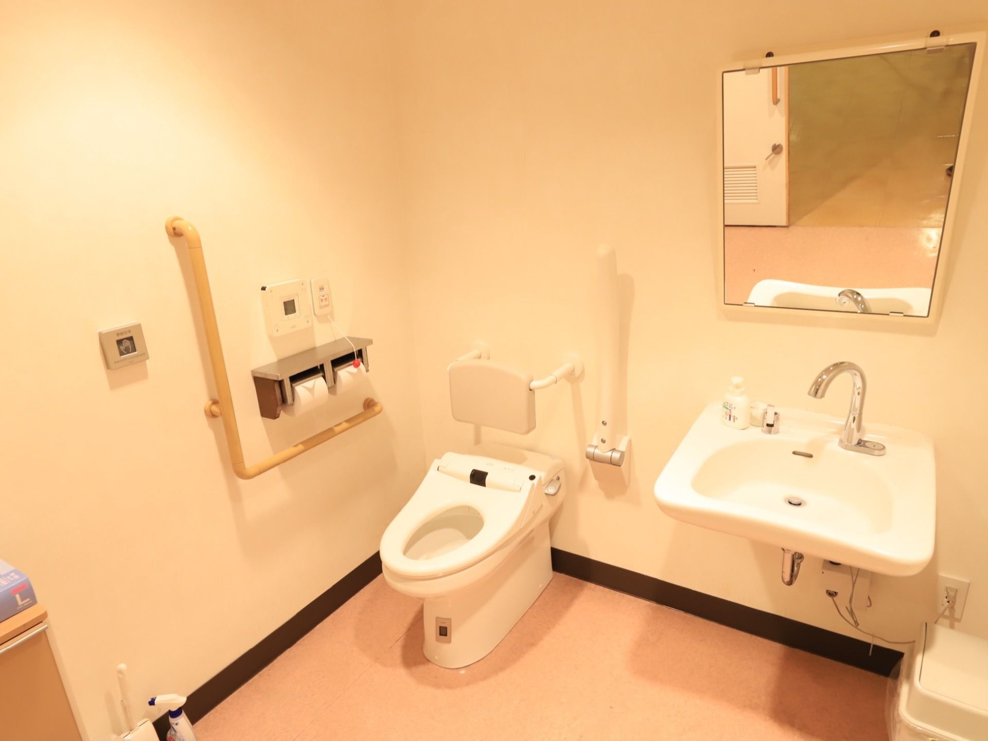 トイレには手洗い場も併設されている。壁には手すりや緊急コールが設置されているので、安心して利用することができる。