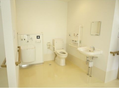 「アイケアおおるり上島」の共用トイレ。洗面台の下をフットレス構造にし、車椅子のつま先を当たらなくしている。