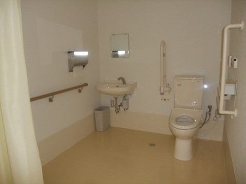 「アイケアおおるり上島」の共用トイレ。スタッフ介助がしやすく、広めのトイレを設置している。