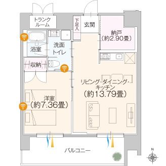 プレステージ久屋大通の1LDKタイプの間取り図
