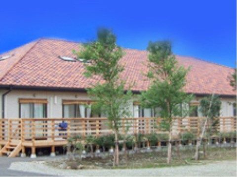大きな樹木が２本植えられている、ウッドデッキを備えた建物