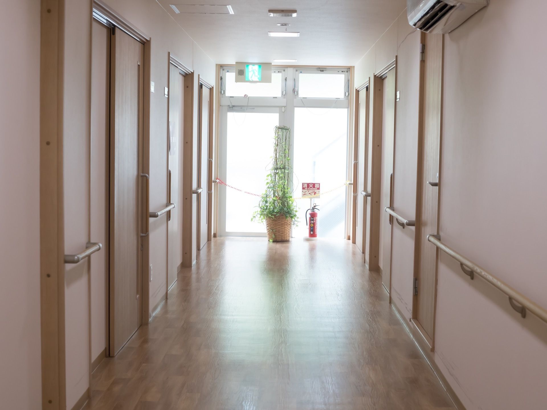 突き当たりにガラス窓が使用されたドアがあり、その前に観葉植物と消火器が置かれている。廊下の天井にエアコンが設置されている。