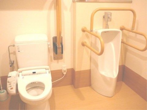 「ニチイケアセンター手稲」の共用トイレ。トイレにはしっかりとした介助手すりを設けており、使いやすい工夫がされている。