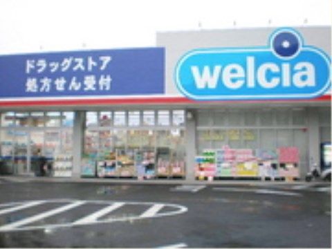 ドラッグストアの建物の外観である。平屋建ての建物の屋根には看板があり、店名が表示されている。店舗の前には駐車場が設けられている。