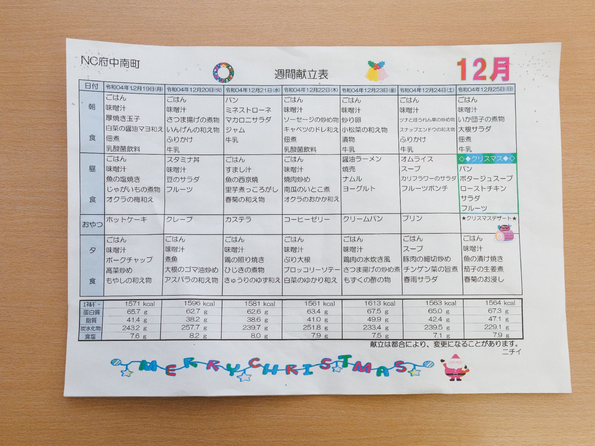 週間献立表が設置された館内