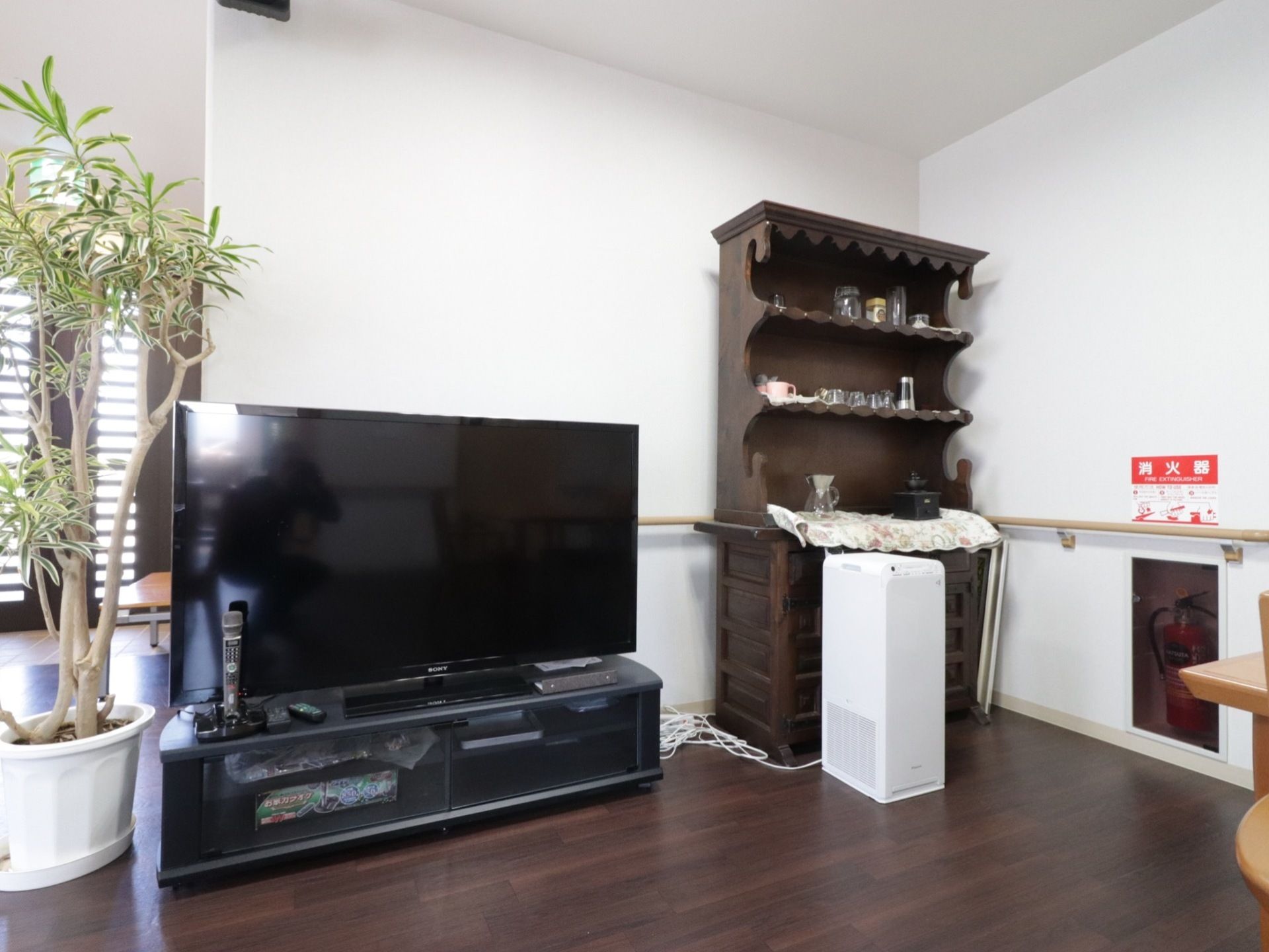 共有スペースには大型の液晶テレビが置かれている。鉢植えの観葉植物があり、アンティークの棚にガラス瓶などが飾られている。