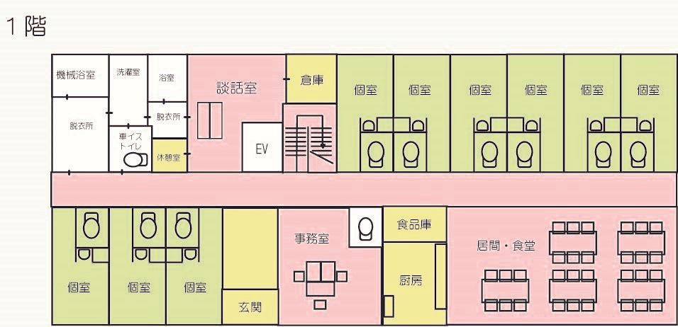 プラチナ・シニアホーム川越的場の1階のフロアマップ