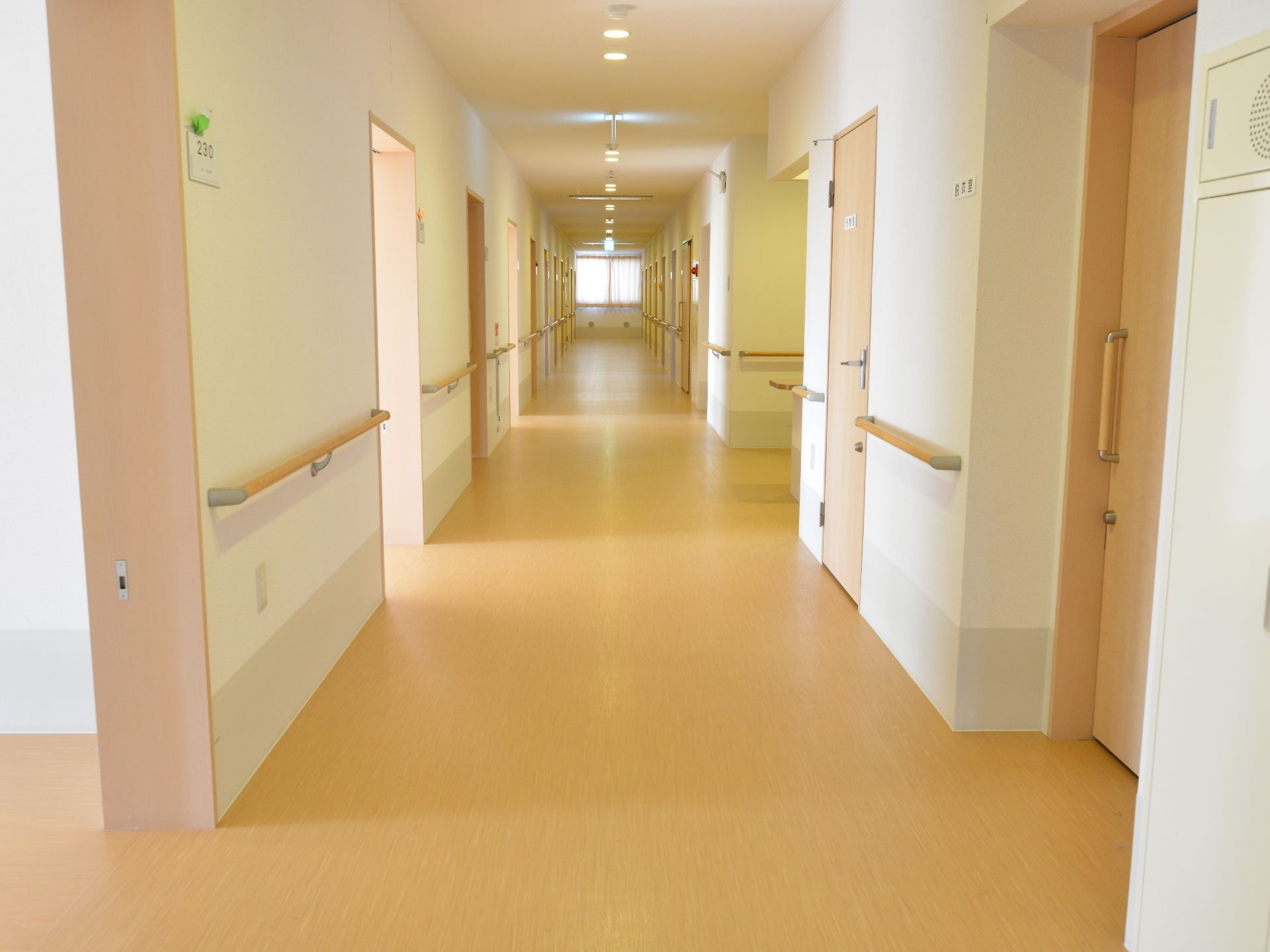 廊下はところどころに窓があり、とても明るくなっていて足元が見やすい。手すりも完備しているので安全面にも配慮。