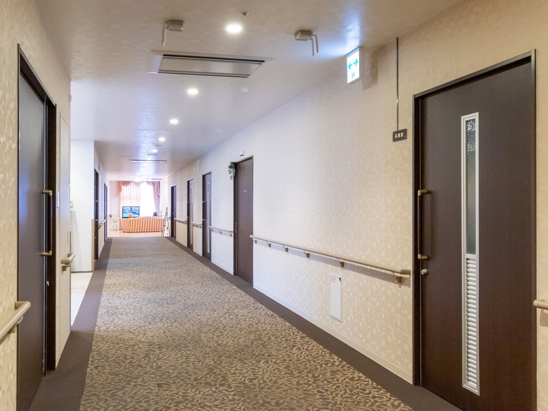 通路の幅は広く、落ち着きのある空間である。こげ茶色のドアが並んでいて、壁には手すりが付いている。引き戸式である。