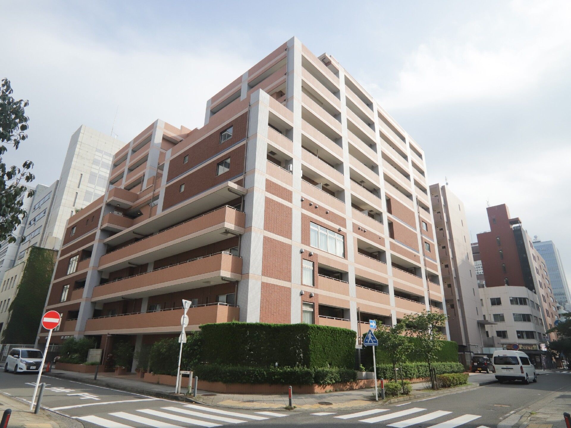 ピンクブラウンの外壁に覆われた地上９階建ての建物。