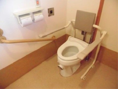 「グループホームあかぎ」のトイレ。左右可倒式の肘掛けが付いており、しっかりと掴みながら立ち上がることができる。