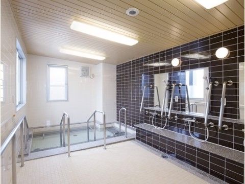 手すりが要所にあるほか、浴室入口から浴槽の中まで伸びており、足腰に不安のある方の入浴を補助し、自立した生活を支援する。