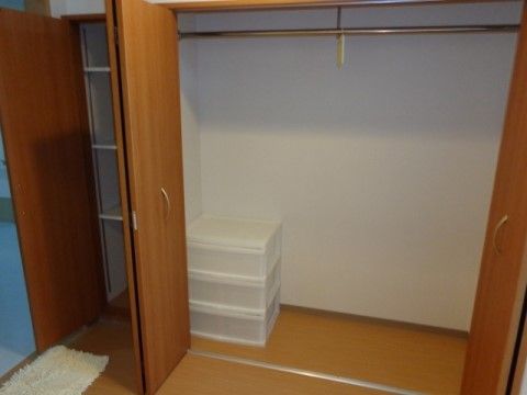 「クリスタルコート四條畷」のクローゼット。アクセサリーや衣類を収納できる大きなクローゼット。