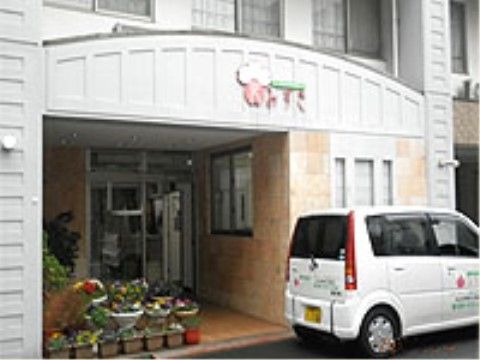 色とりどりの花が植えられたプランターが並んでいるエントランス