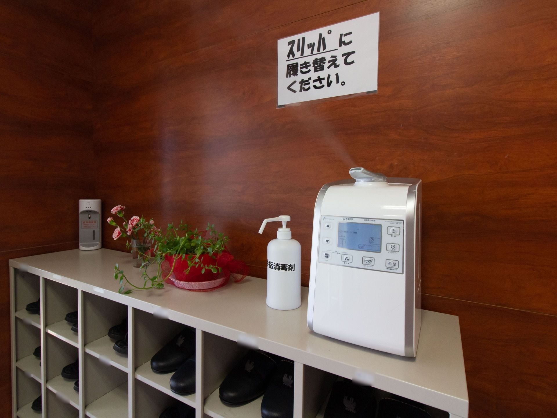 エントランスを入ってすぐ靴箱が設置されている。棚の上段には空気清浄機や消毒液などの備品のほかに、植物が飾られアットホームな雰囲気。