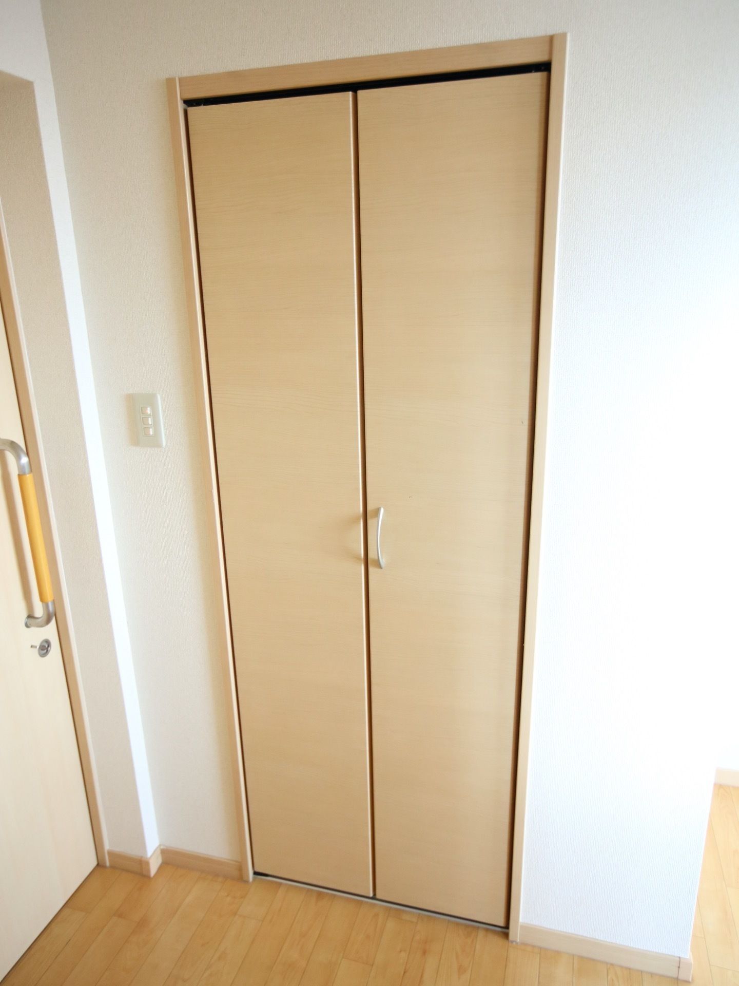 出入口の側に、高さのある観音開きの収納である。ベージュ色で、銀色の取っ手が向かって右側の扉についている。