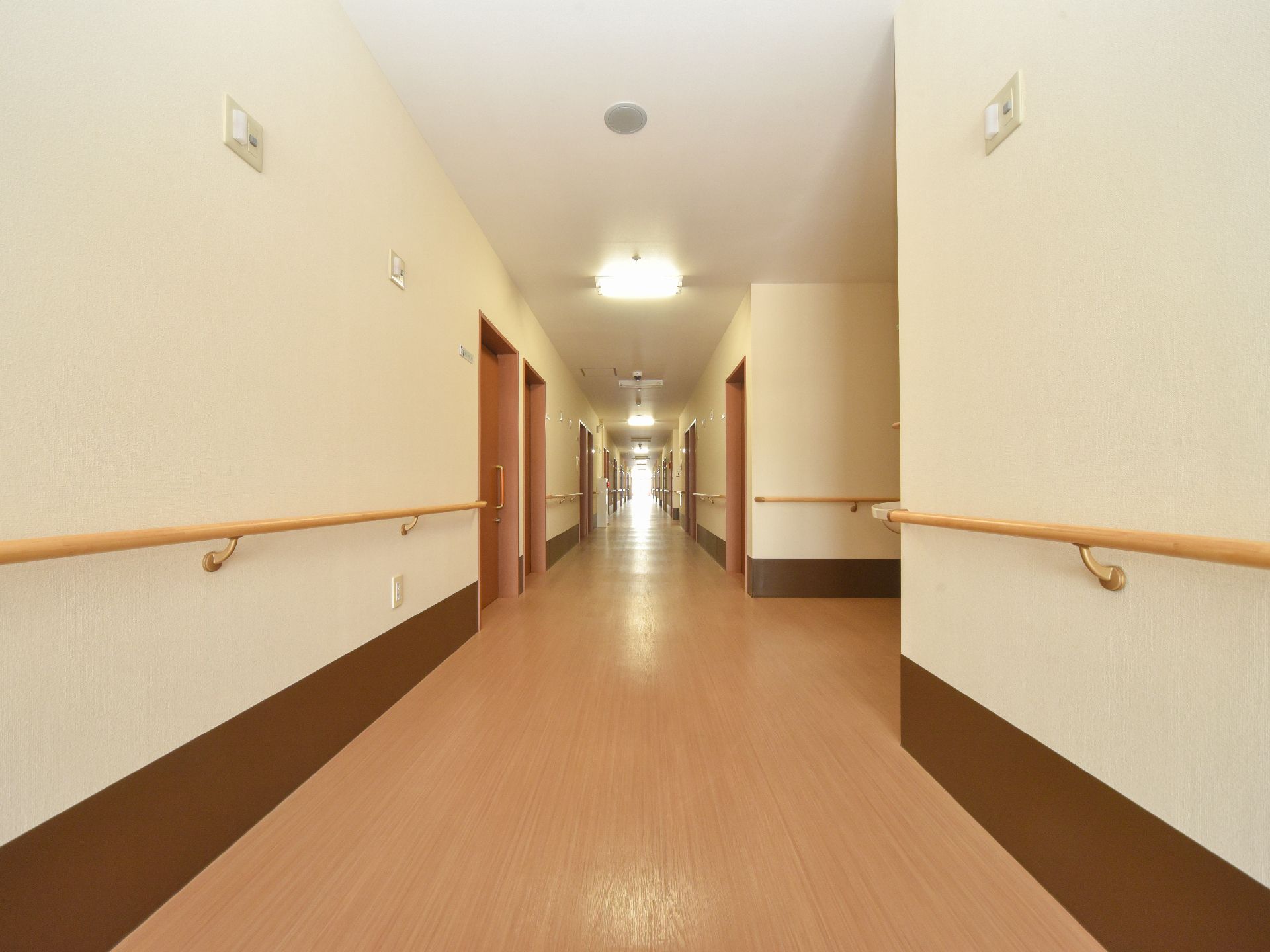 白色の天井と壁に木目の床。両側には手すりが設置してある。天井には所々に照明があり、正面はガラス戸になっている。