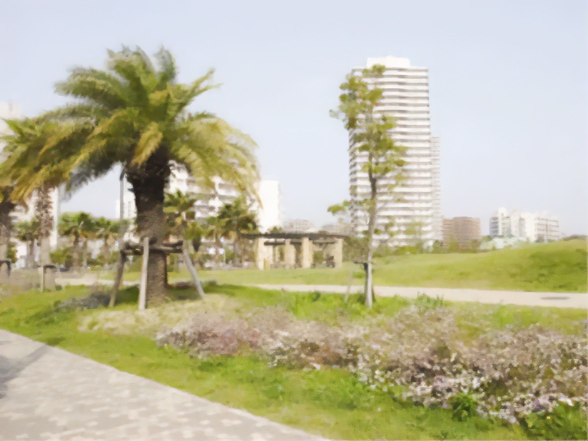 街の中のオアシスのような公園には、いろいろな植物が植わっている。歩道は舗装されているので、とても歩きやすい。