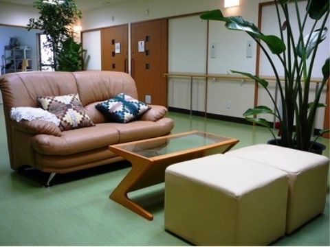 クッションが置かれているソファーや、大きな観葉植物が設置されているホール