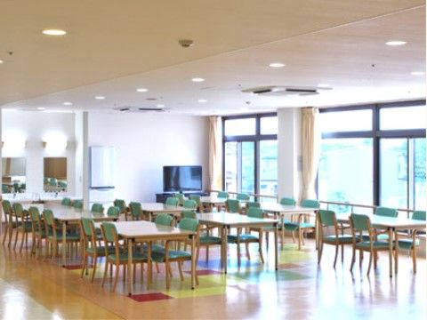 食堂の椅子は緑色で、安心感のある雰囲気となっている。大きな窓からは、自然の景色を眺めることができる。