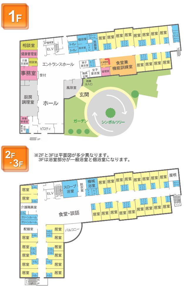 介護付有料老人ホーム さわやかすずめのみやの1～3Ｆのフロアマップ
