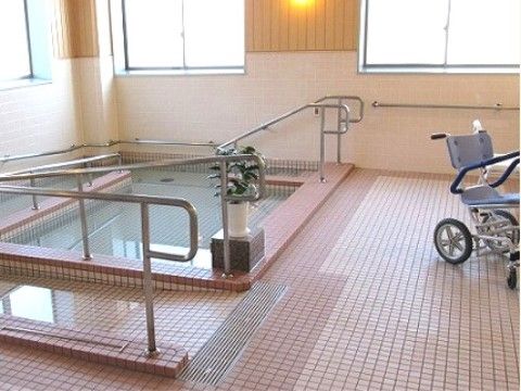車椅子に乗ったまま湯船に入ることができるように、スロープが取り付けれている。歩くことができる人専用に階段も付いている。