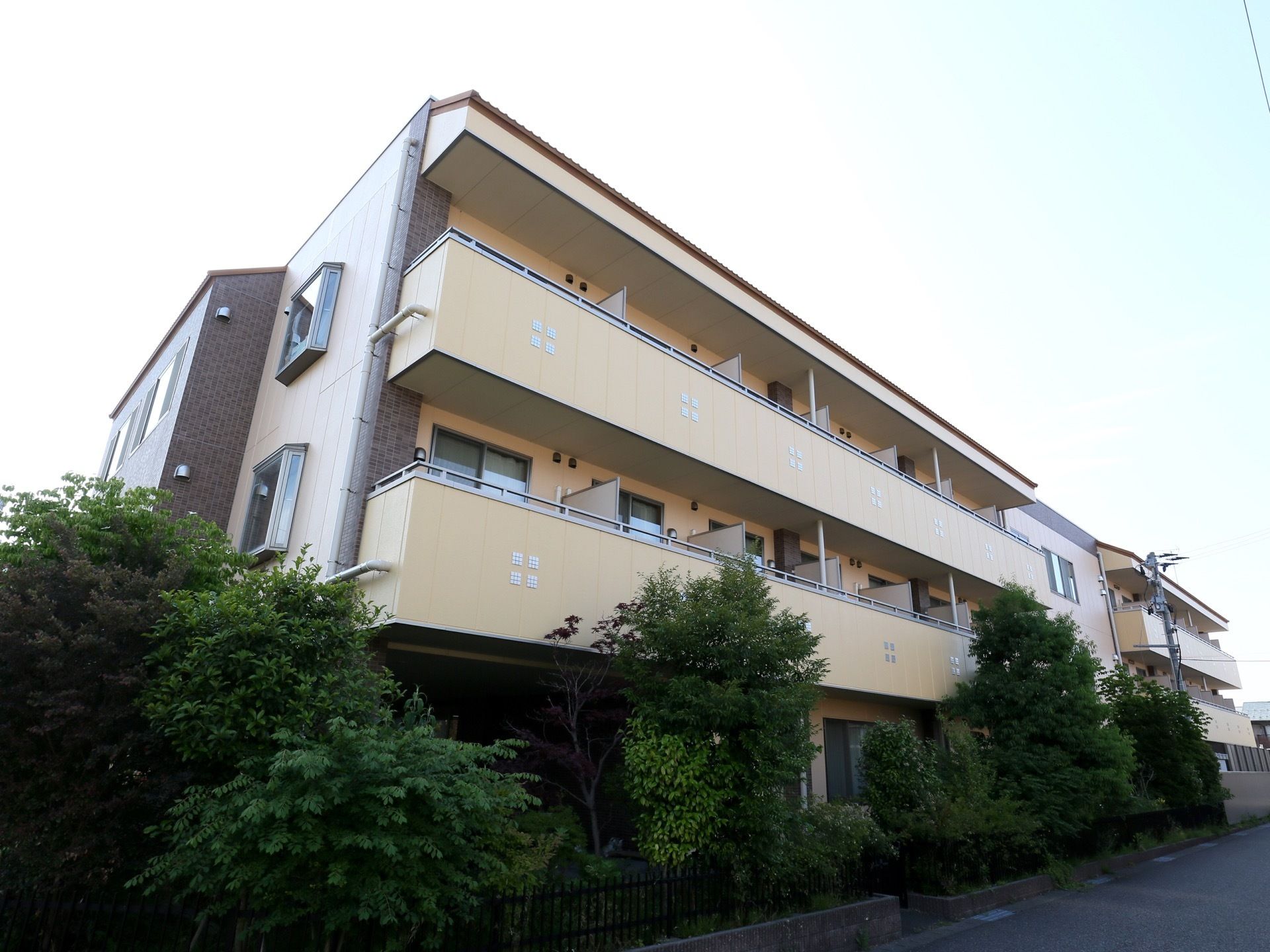 バルコニーの壁が黄色の３階建ての施設である。道路沿いに、２階に届くほど背の高い木が何本も植えられている。