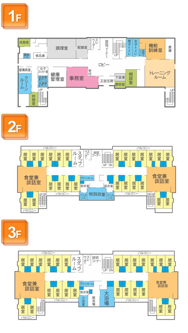 さわやか日の出館の1～3Ｆのフロアマップ