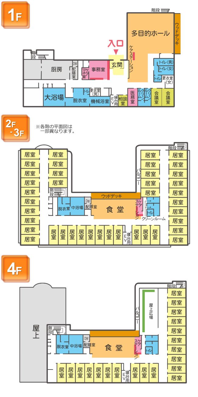 さわやかなんよう館の1～4Ｆのフロアマップ