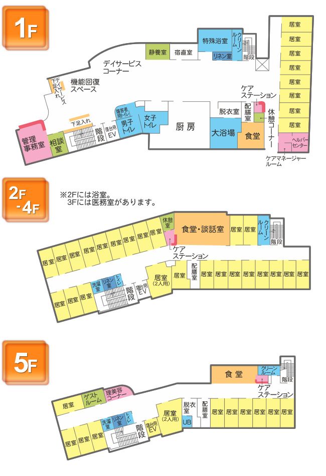 さわやか螢風館の1～5Ｆのフロアマップ