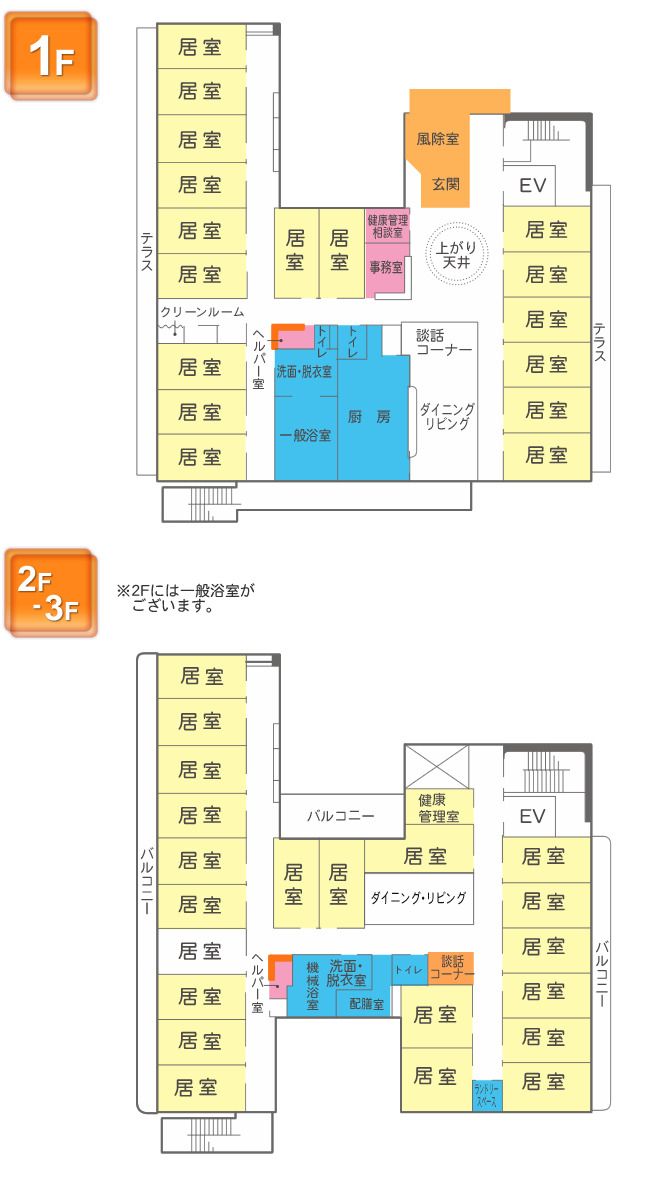 さわやか花美館の1～3Ｆのフロアマップ