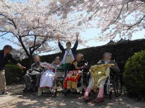 満開に咲いている桜の木の下で、ポーズをとる入居者様たち