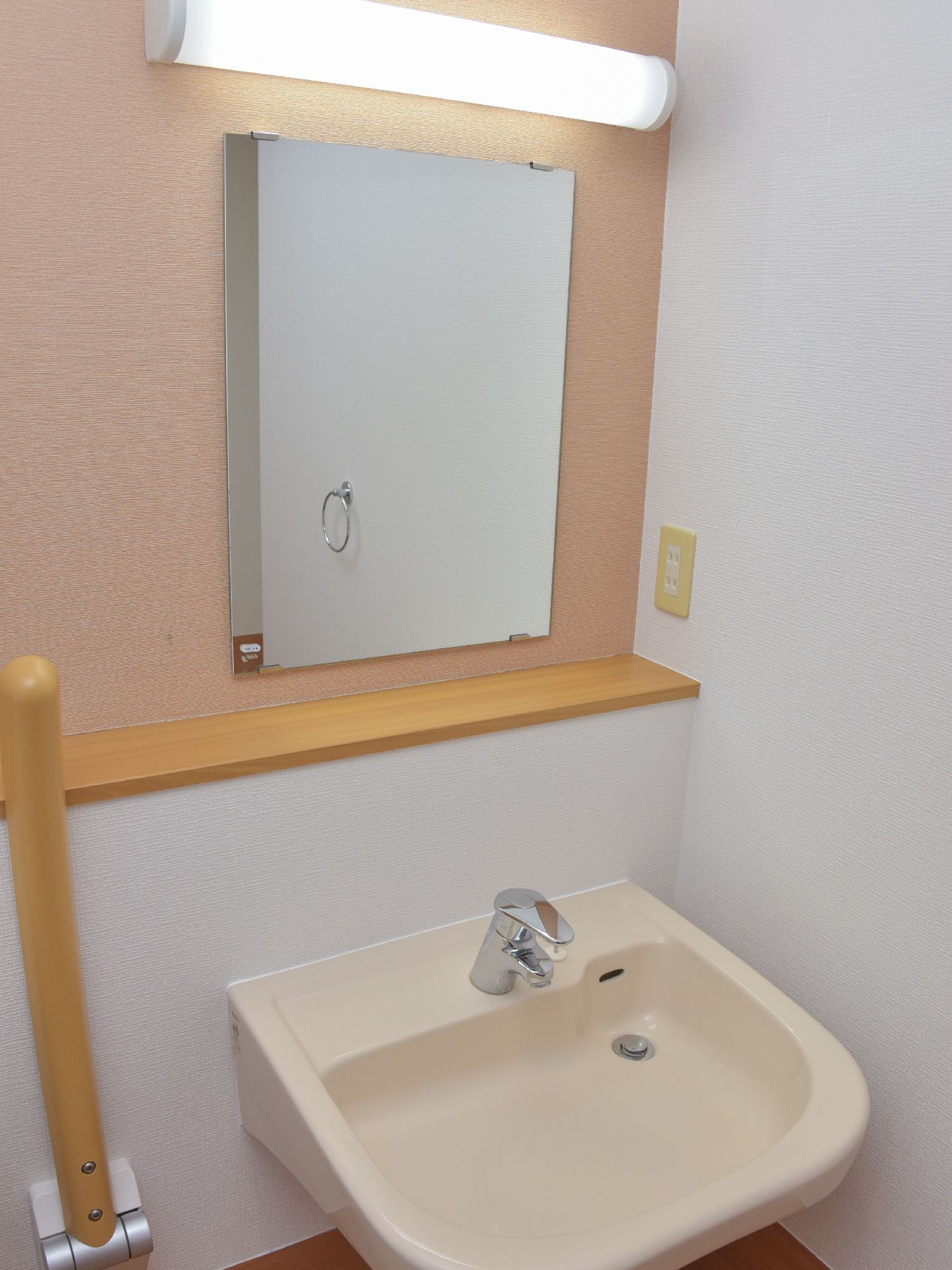 トイレの横に設置されている、洗面台は、手動タイプになっている。鏡がついていて、左手に移動可能な手すりが付いている。