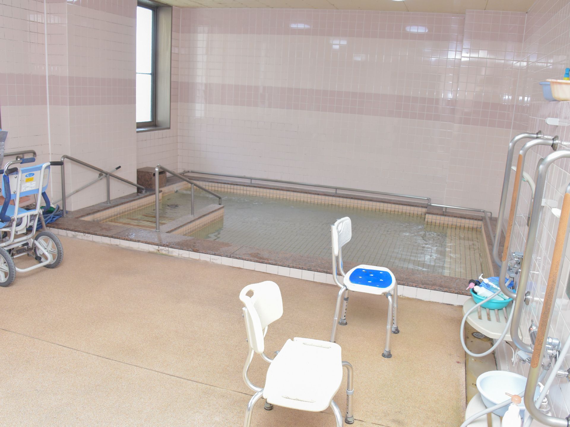 大きな浴槽には手すり付きの階段が設置されてあり、壁に沿って手すりが続いている。洗い場には手すり、シャワー、背もたれ付きの椅子がある。